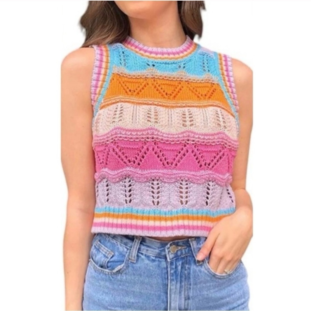 Colorful Knit Sleeveless Sweater Vest Crop Top Loose Knit size L
